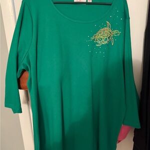 Quacker Factory Teal Turtle Embellished Long Sleeve Top